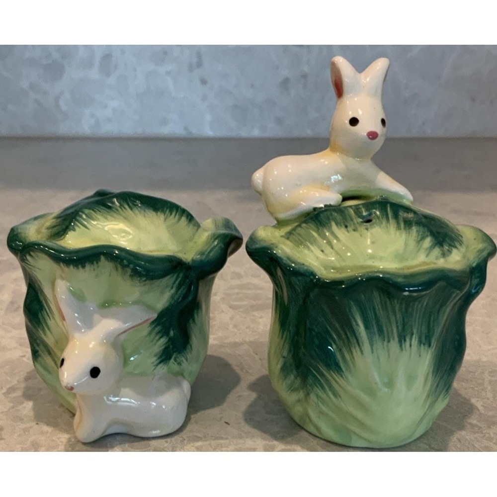 Vintage Ceramic Easter Bunny Cabbage Salt And Pepper Shakers Set Green White Vin